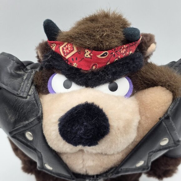 Vintage Warner Bros Tasmanian Devil Plush Biker Jacket Bandana 1980s Mighty Star - Picture 2 of 7
